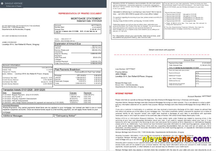 Uruguay Banque Heritage bankmortgage statement, 3 pages 1-2